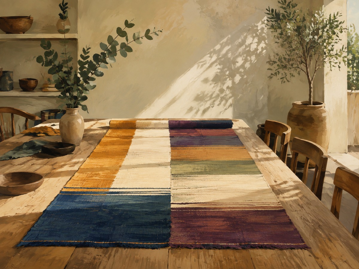 A woven cloth laid across a sunlit table.
