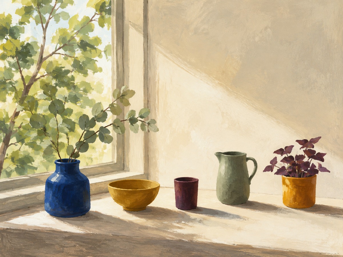 Colorful everyday objects spaced along a windowsill.
