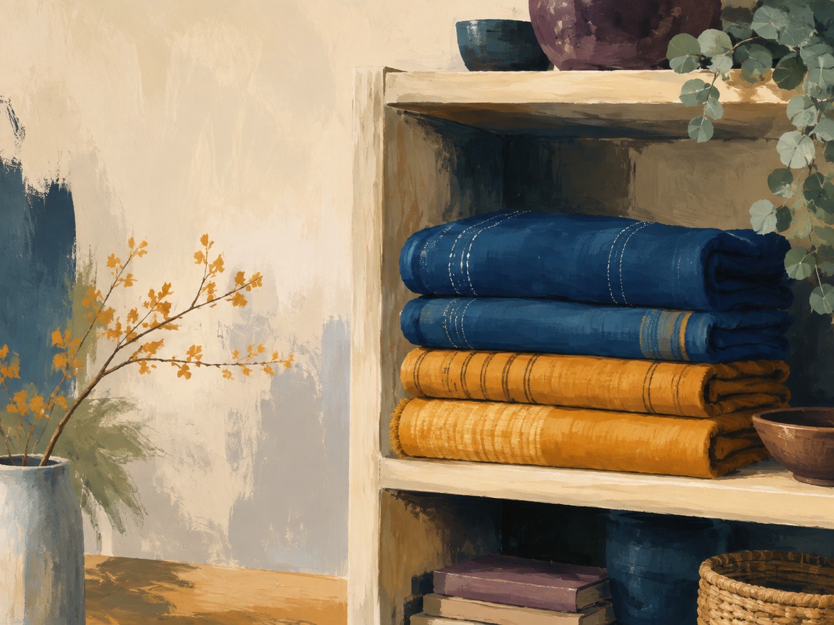 Folded blue and yellow textiles on an open shelf.