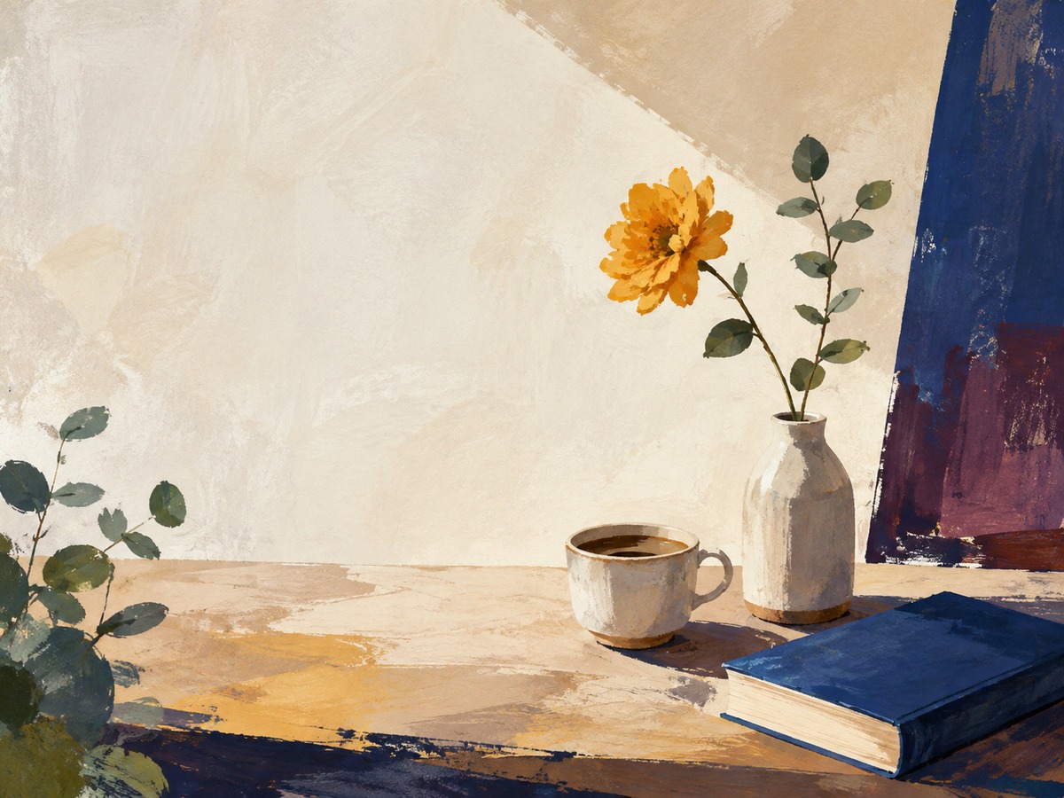 A cup, book and yellow flower on a quiet desk.
