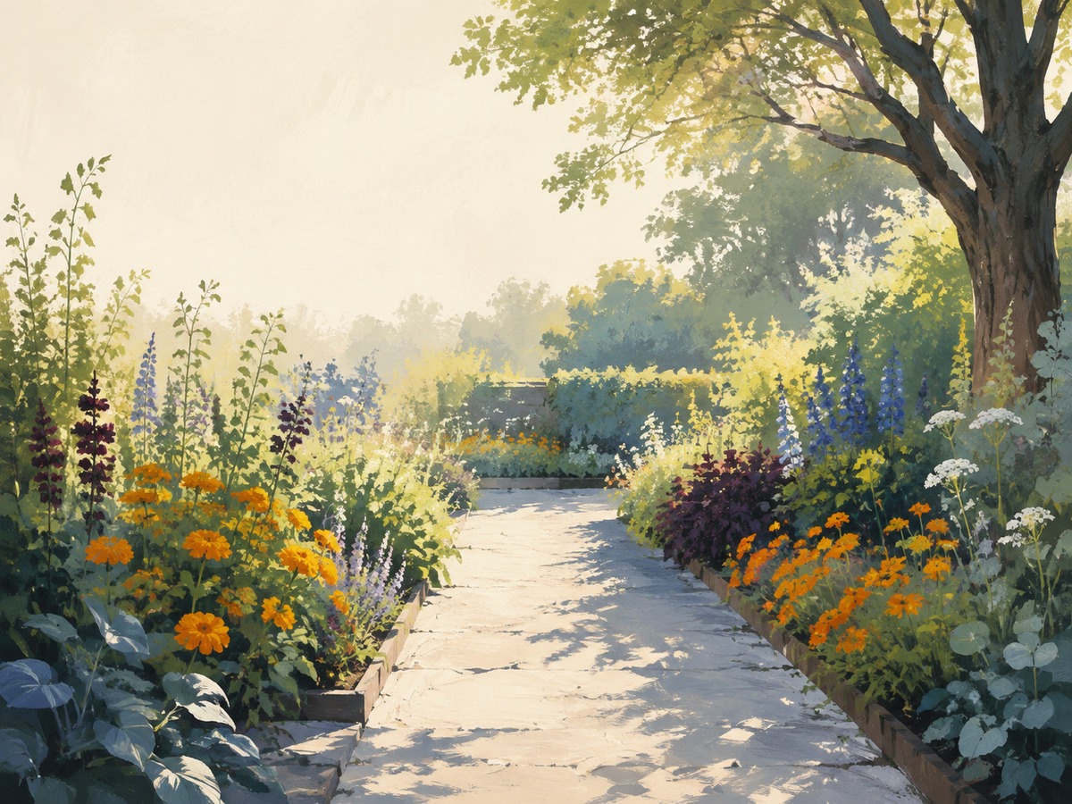 A garden path with room to walk between plants.
