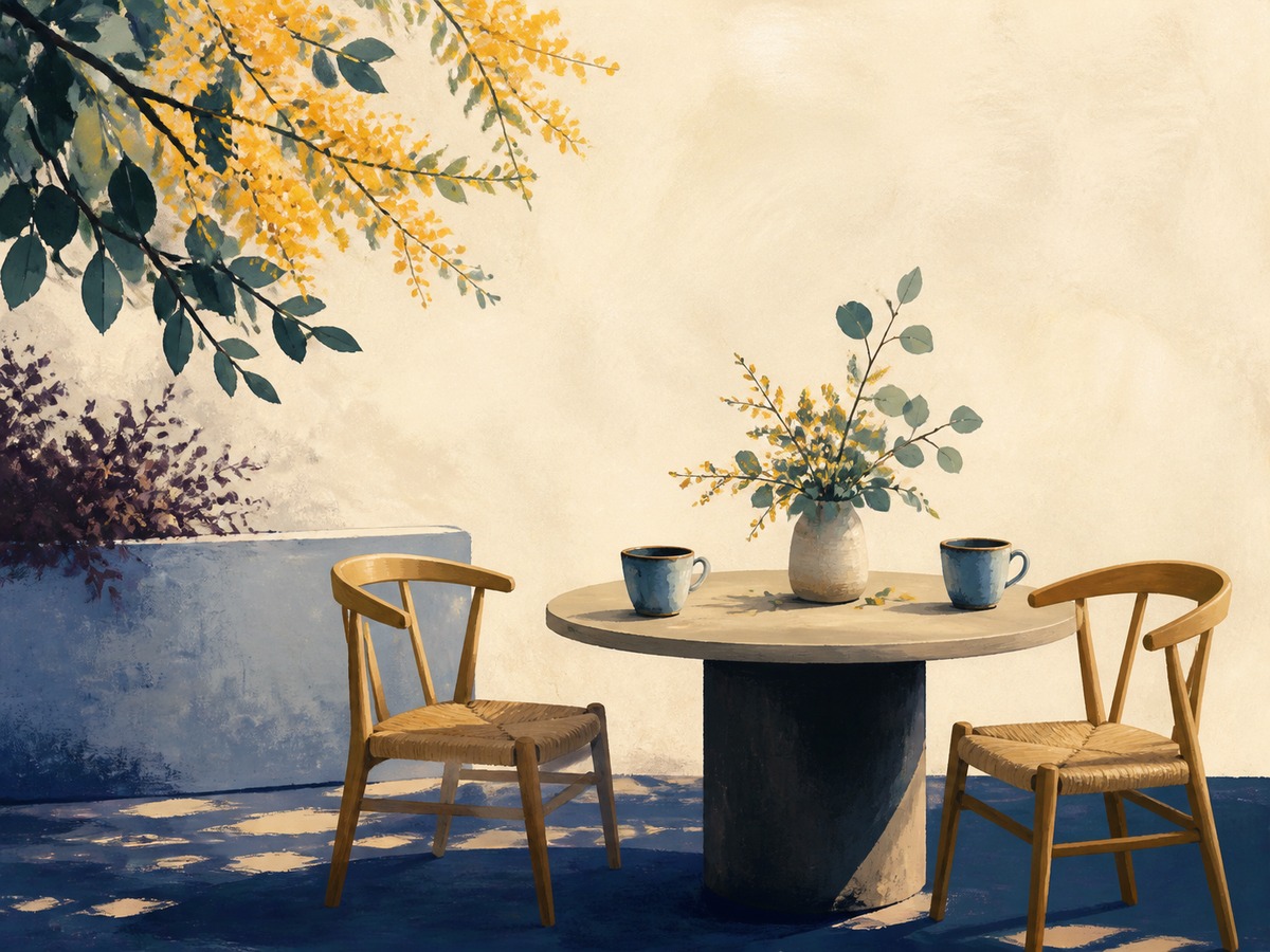 Two empty chairs beside a round table.