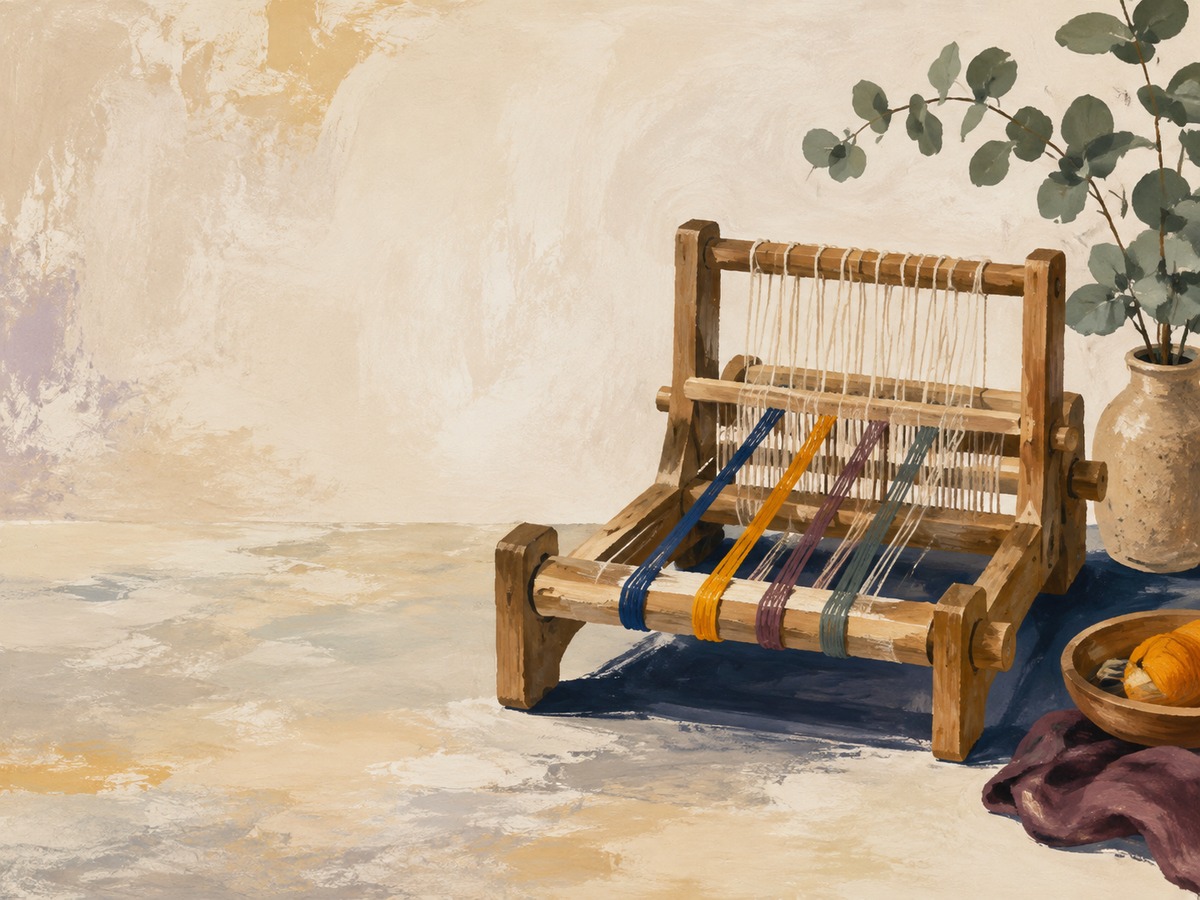 A small loom with colored threads.