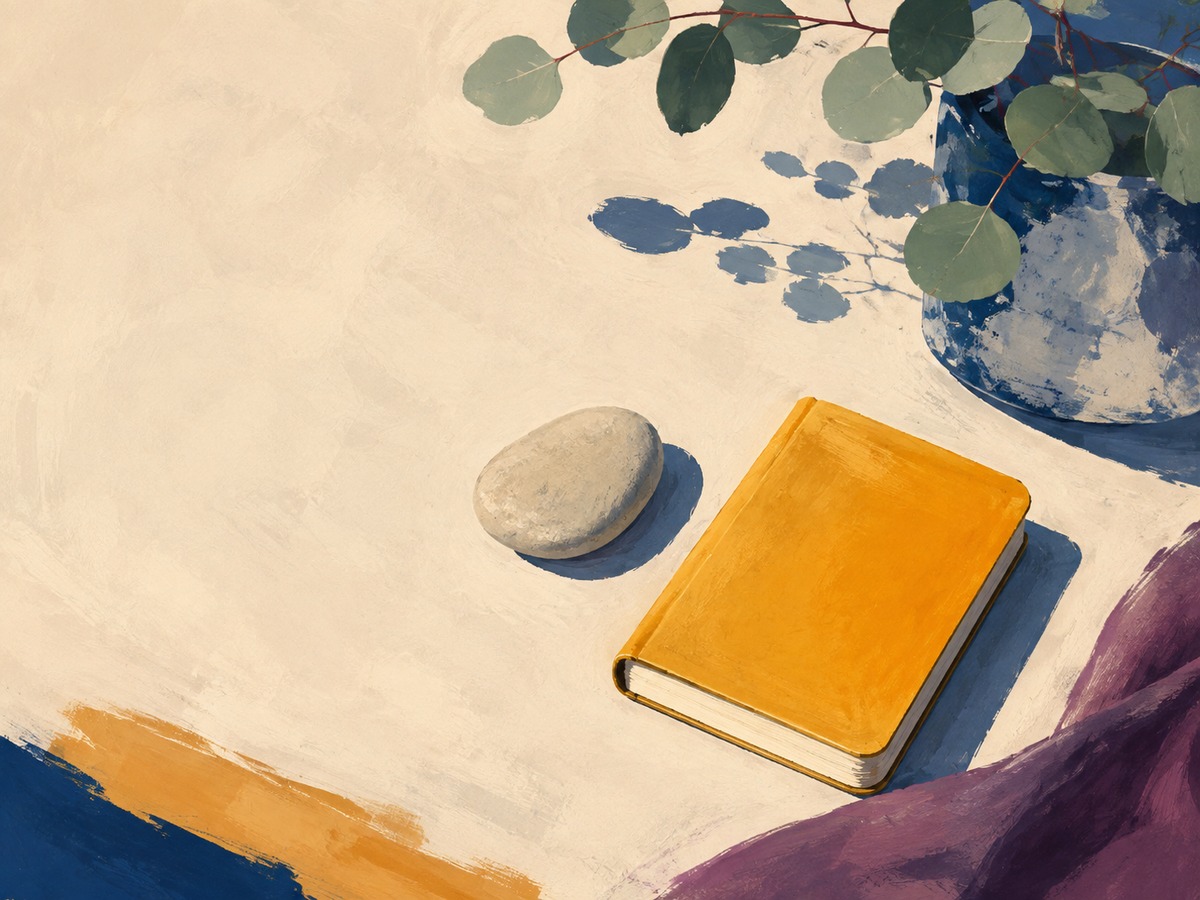 A yellow notebook beside a smooth pebble.