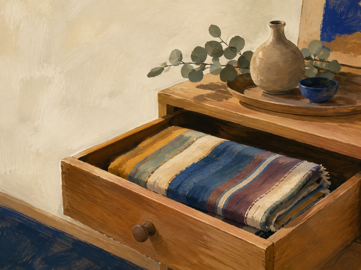 A folded textile kept in an open wooden drawer.