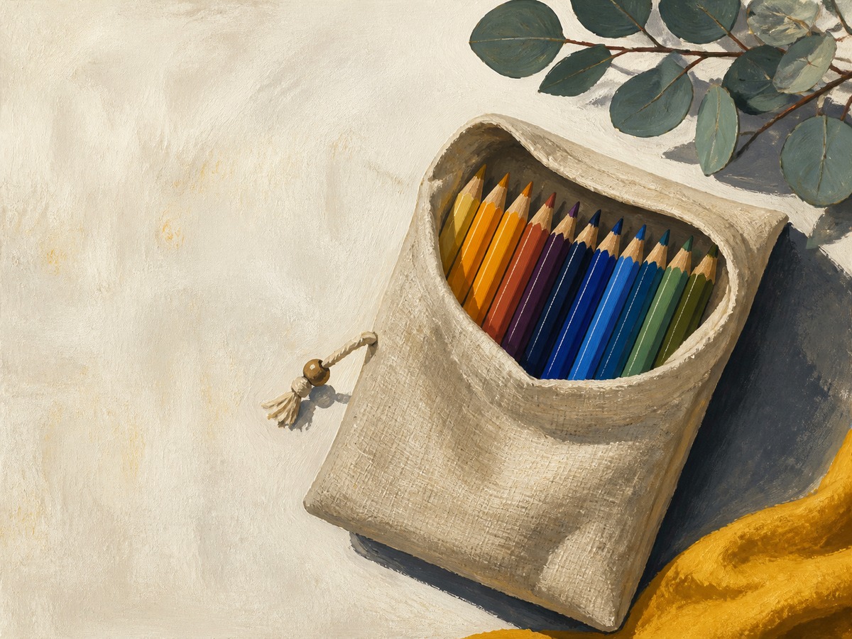 Colored pencils gathered in a cloth pouch.