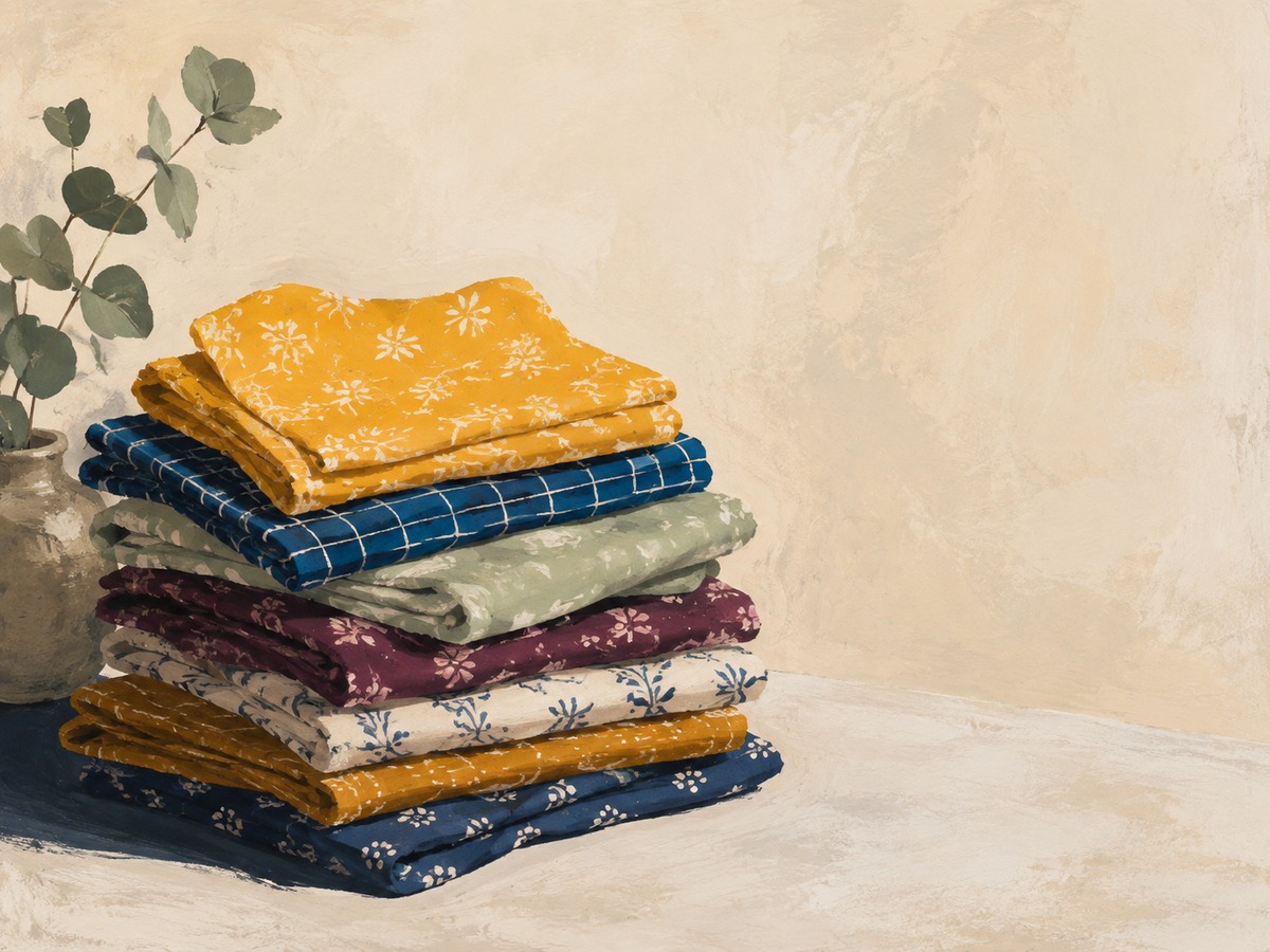 A stack of differently patterned cloth pieces.