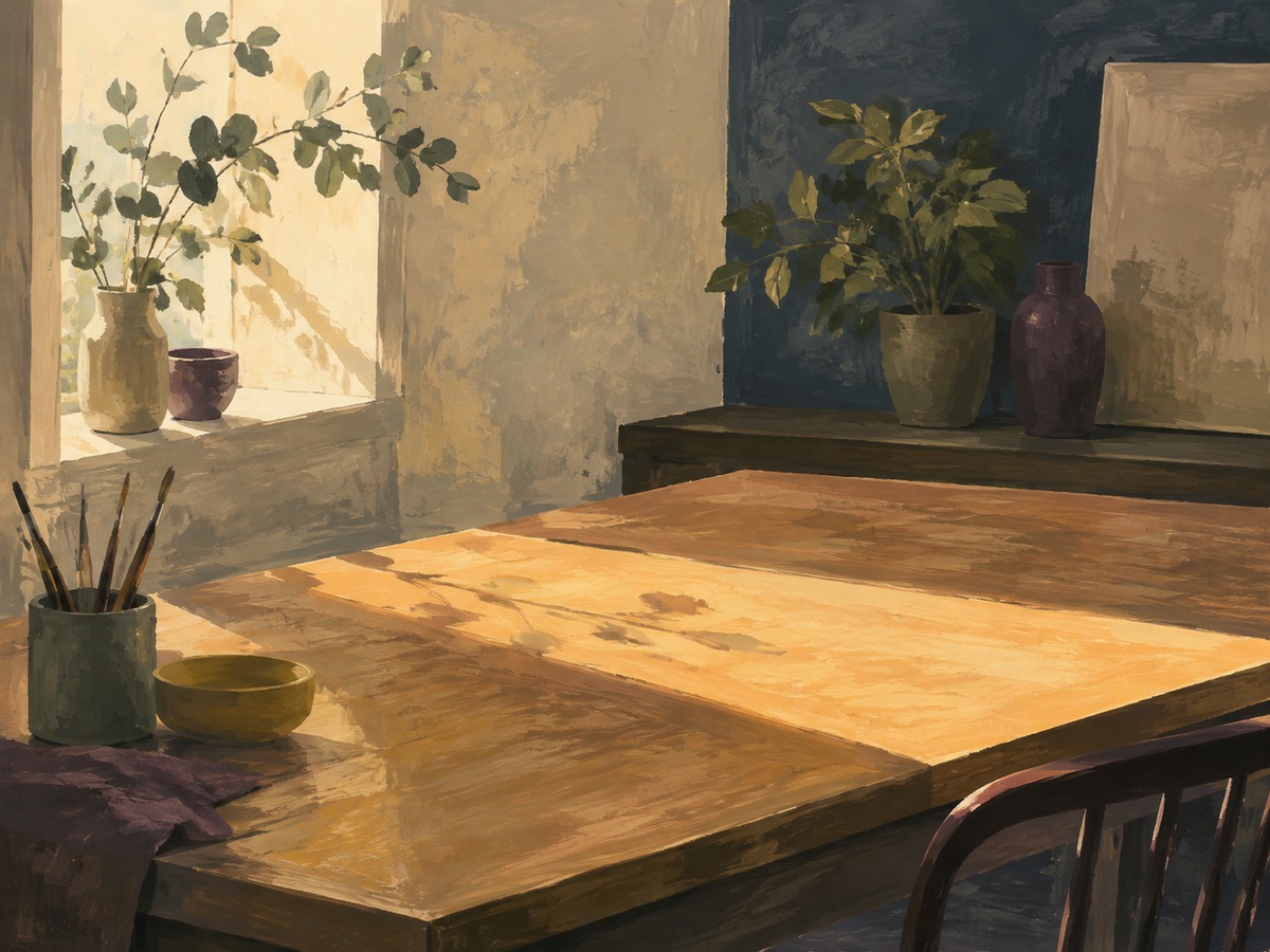 Sunlight crossing a wooden work table.
