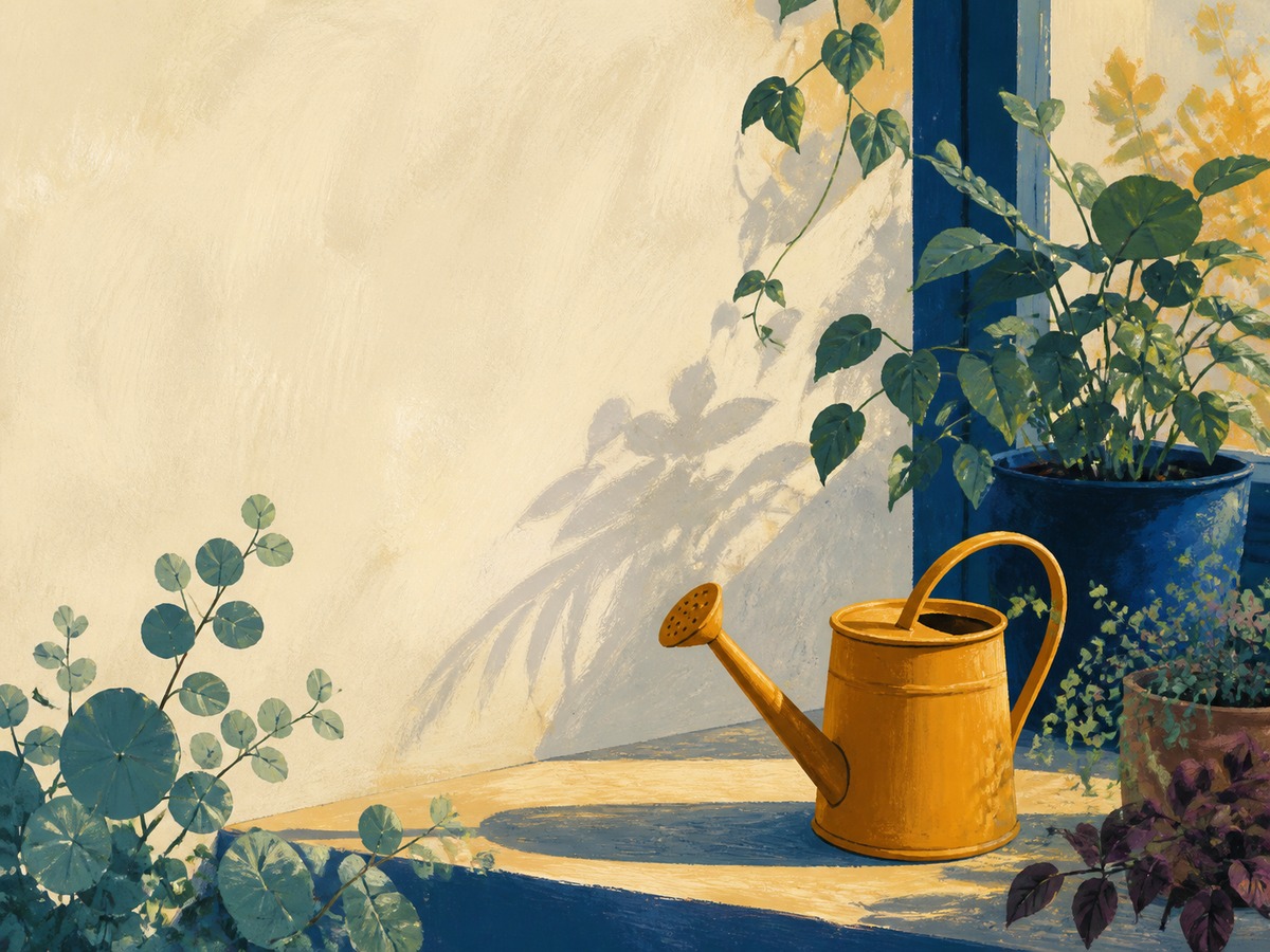 A watering can beside window plants.