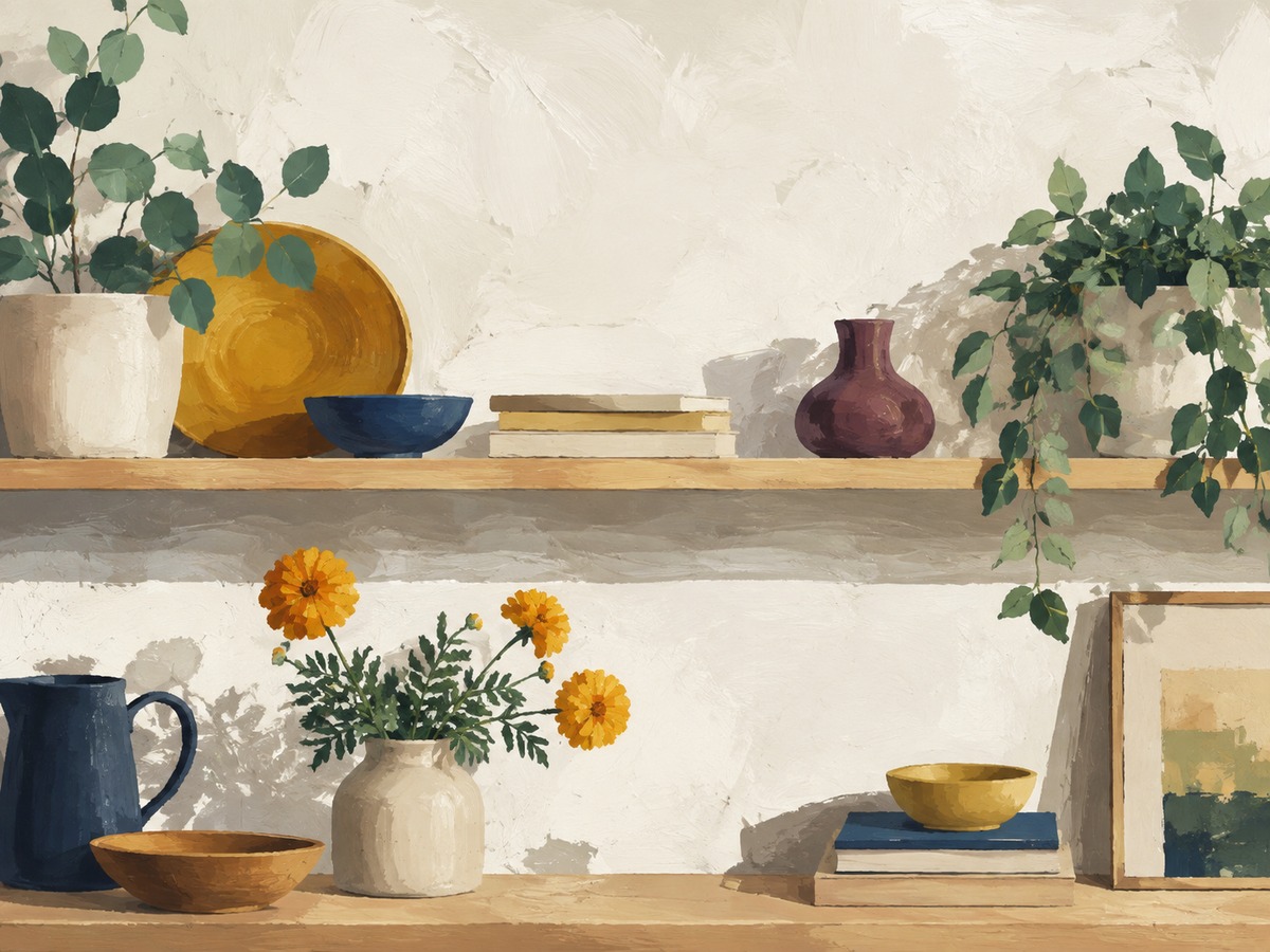 Useful objects and plants on spacious shelves.